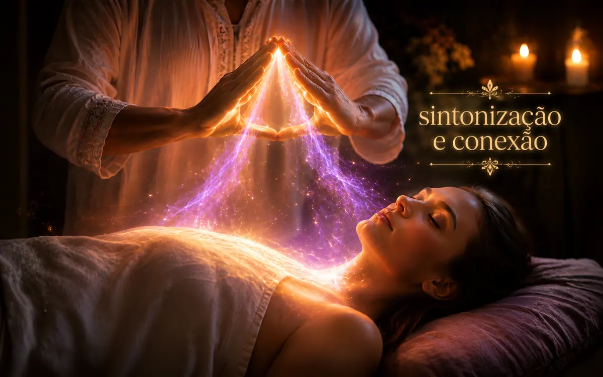 Cena simbólica de sintonização ritualística com luz violeta e dourada